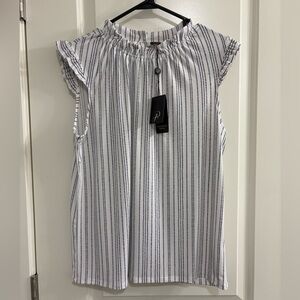 Adrianna Papell Anthropologie Ruffle Mock Neck Ivory Black Striped Women’s Tank